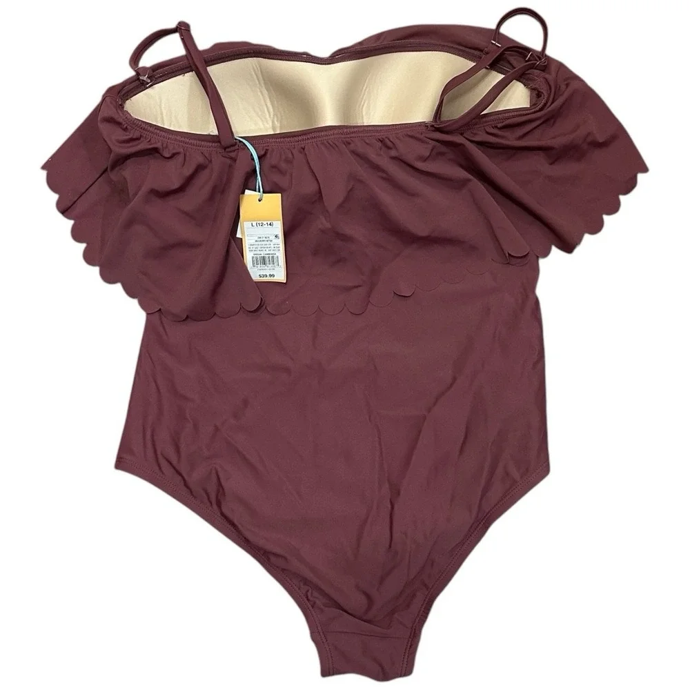 NWT Scalloped Flounce One Piece Swimsuit Purple Womens L Resortwear Beach Summer